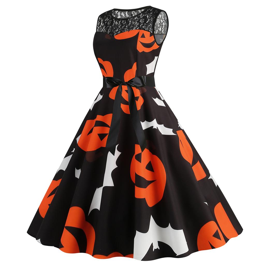 Women's Hepburn-Style Retro Lace Round Neck Sleeveless Halloween Printed Dress