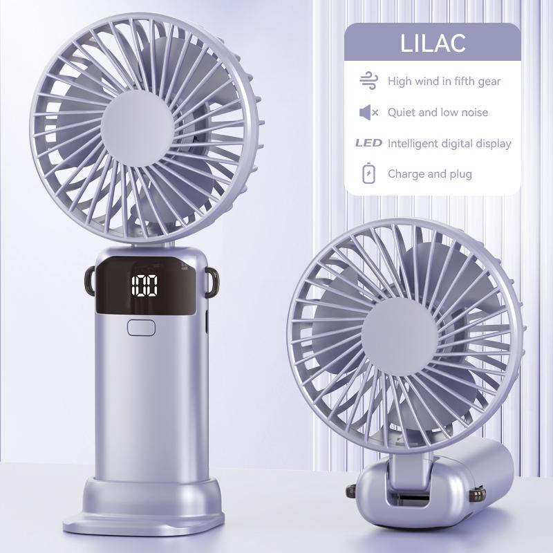 Large Capacity Handheld Mini Folding Fan Dual-Purpose Base And Neck Design 5-Speed Wind Speed Silent Rechargeable Desktop Fan