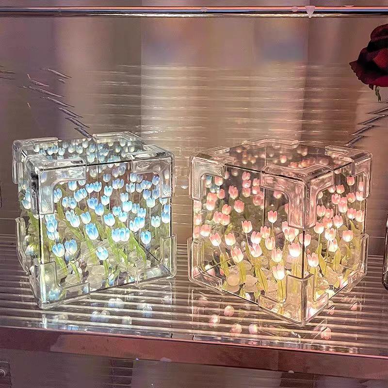 3D Mirror Night Light With Tulip Flower Sea Design, Diy Handmade Night Light Ornament, Small Gift 3D Tulip Diy Night Light