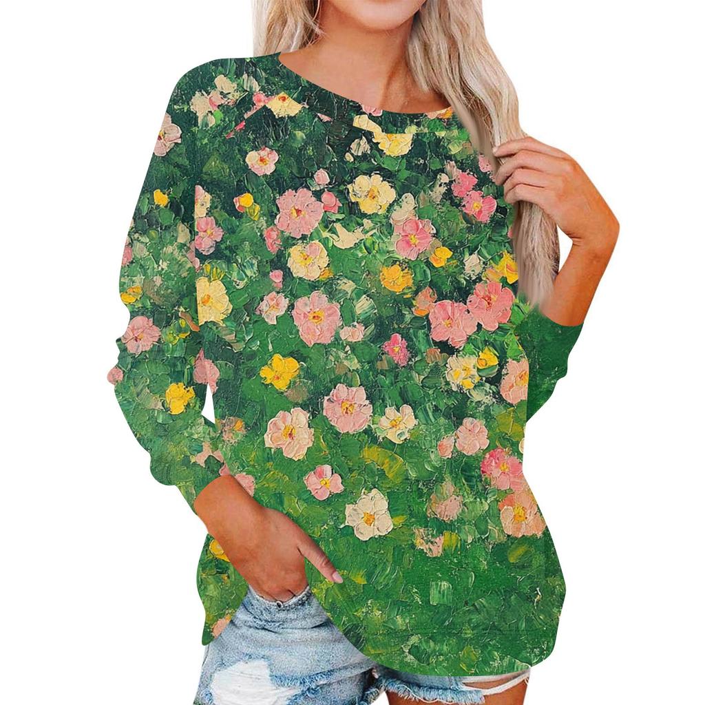 Damen Modisches Rundhals Schulter Langarm Bedrucktes Lässiges Pullover-Oberteil