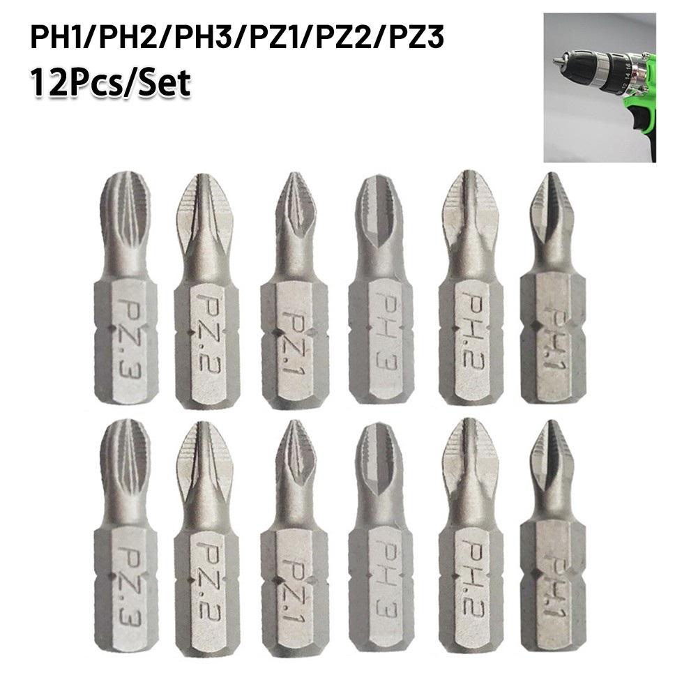 

12 PCS/Lot 25mm Cross Bits Set Hex Shanked Anti Slip Screwdriver Bits Magnetic Non-Slip Drill Batch Head PH1/PH2/PH3/PZ1/PZ2/PZ3