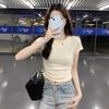 Cotton-containing Short-sleeved T-shirt New Design with Waist-hugging Slimming and Pleated Backless Short Top Solid Color Hot Girl Round Neck T-shirt