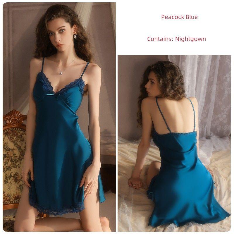 

Доброе утро с тобой Соловьиный синий перо Фантазийный павлиний синий атласный ночной халат на бретельках с V-образным вырезом Темпераментный выход Роскошное кружевное пижама Peacock Blue (single nightgown) 170 (XL)