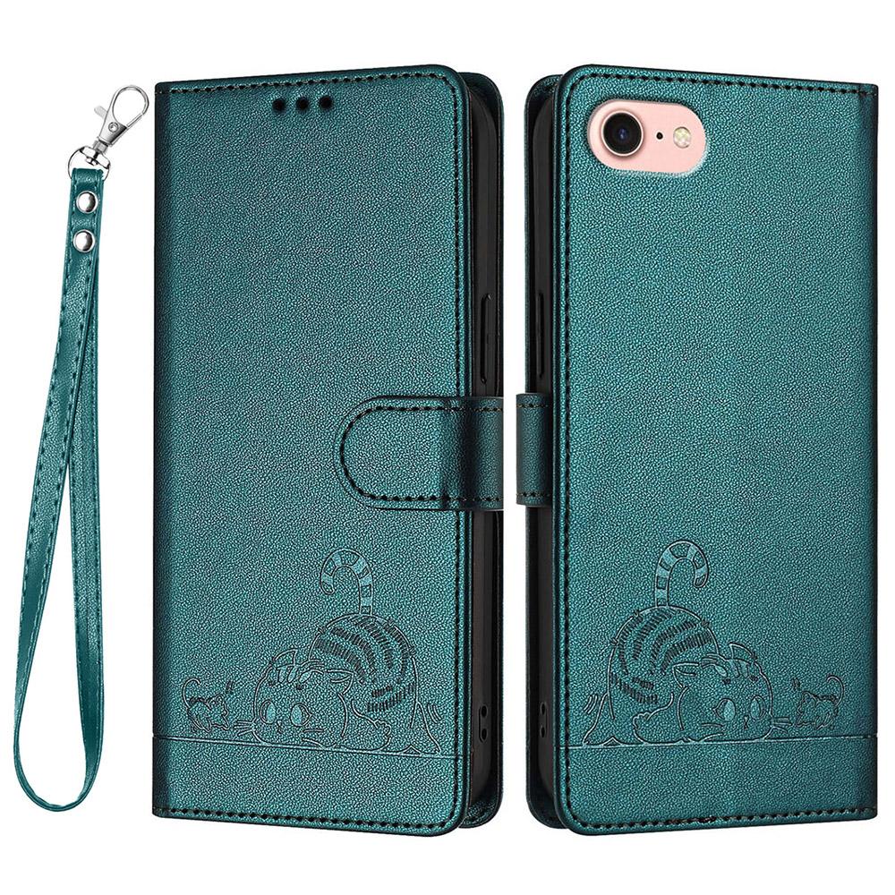 For iPhone SE (2020)/(2022)/7/8 Case with Strap RFID Blocking Leather Wallet Phone Cover Cat Mouse Pattern