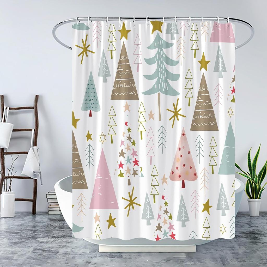 Merry Christmas Shower Curtain Green Pink Blue Xmas Trees Stars Snow Pattern Snowflake Winter Holiday Cute Cartoon Happy
