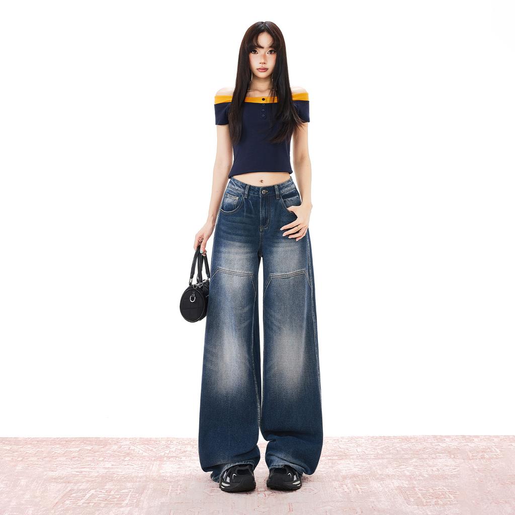 American retro jeans women's autumn new high waist and thin washed old design wide leg trousers