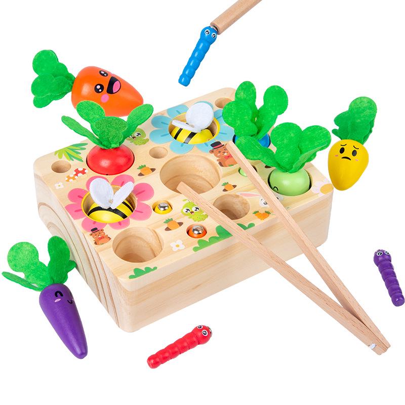 Wooden Radish & Bee Catch Game: Early Education Toy for Hand-Eye Coordination with Carrots, Fishing, and Insect Catching Elements