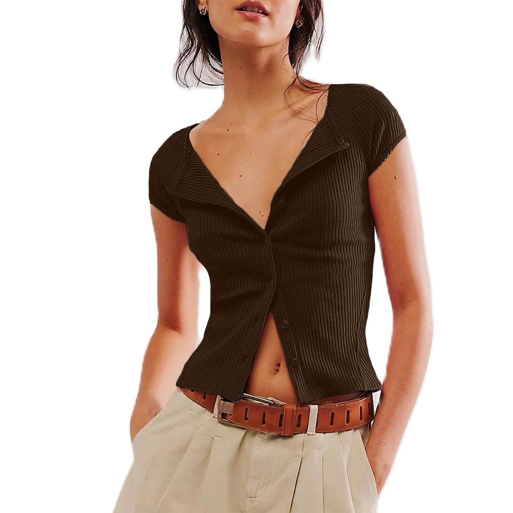 Fashionable Hottie Button Short Sleeve Ribbed Cardigan Top