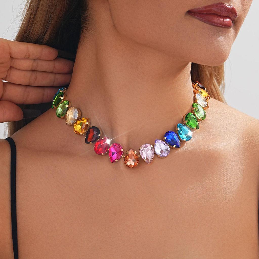 European-American Rhinestone Teardrop Necklace & Earring Set: Korean-Style Bridal Temperament Collarbone Chain Jewelry for Women