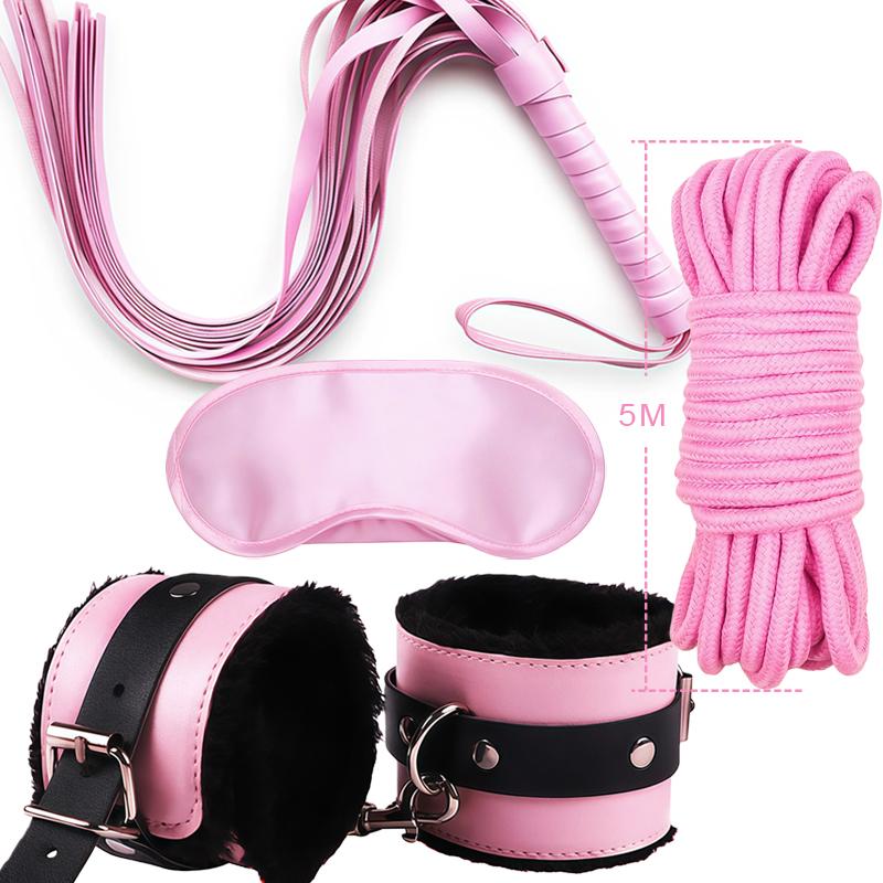 Goods For Adults Set Sexy Leather Plush Handcuffs Blindfold Spanking Soft Whips Tying Cotton Rope Couple Games Bondage Equipment
