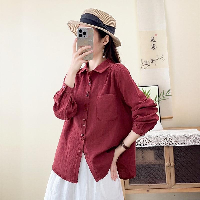New literary and casual style double-layer cotton yarn pure cotton long-sleeved shirt simple temperament versatile loose and thin shirt women