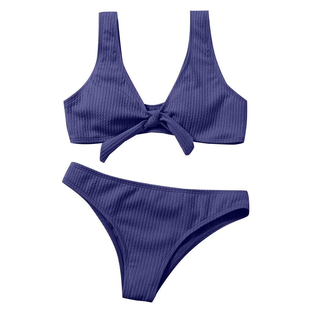 Women's Two Piece Bikini Set Ribbed Texture Waist Tie Front Tank Top and High Cut Bottom Swimsuit Summer Beachwear