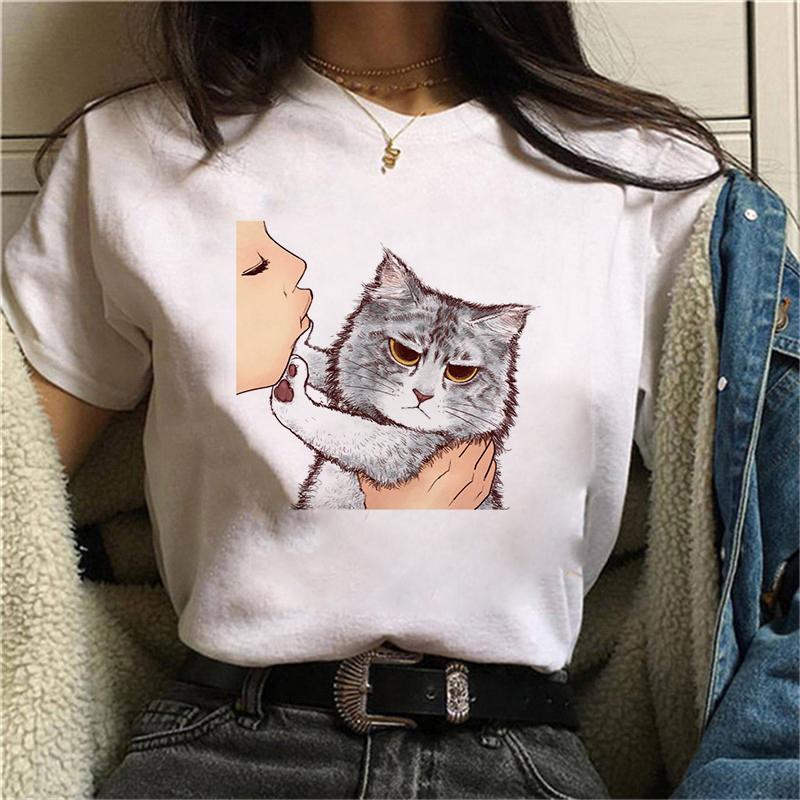 

2021 Summer Women Tshirt Kiss a cute cat Printed Tshirts Casual Tops Tee Harajuku 90s Vintage White tshirt Female Clothing S