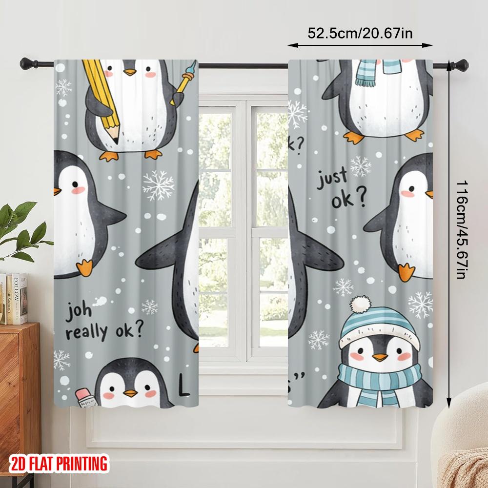 2pcs 2D Flat Printing Curtain Penguins Like Snowflakes Gift Polyester Without Electricity Festive Curtains Perfect for Indoor