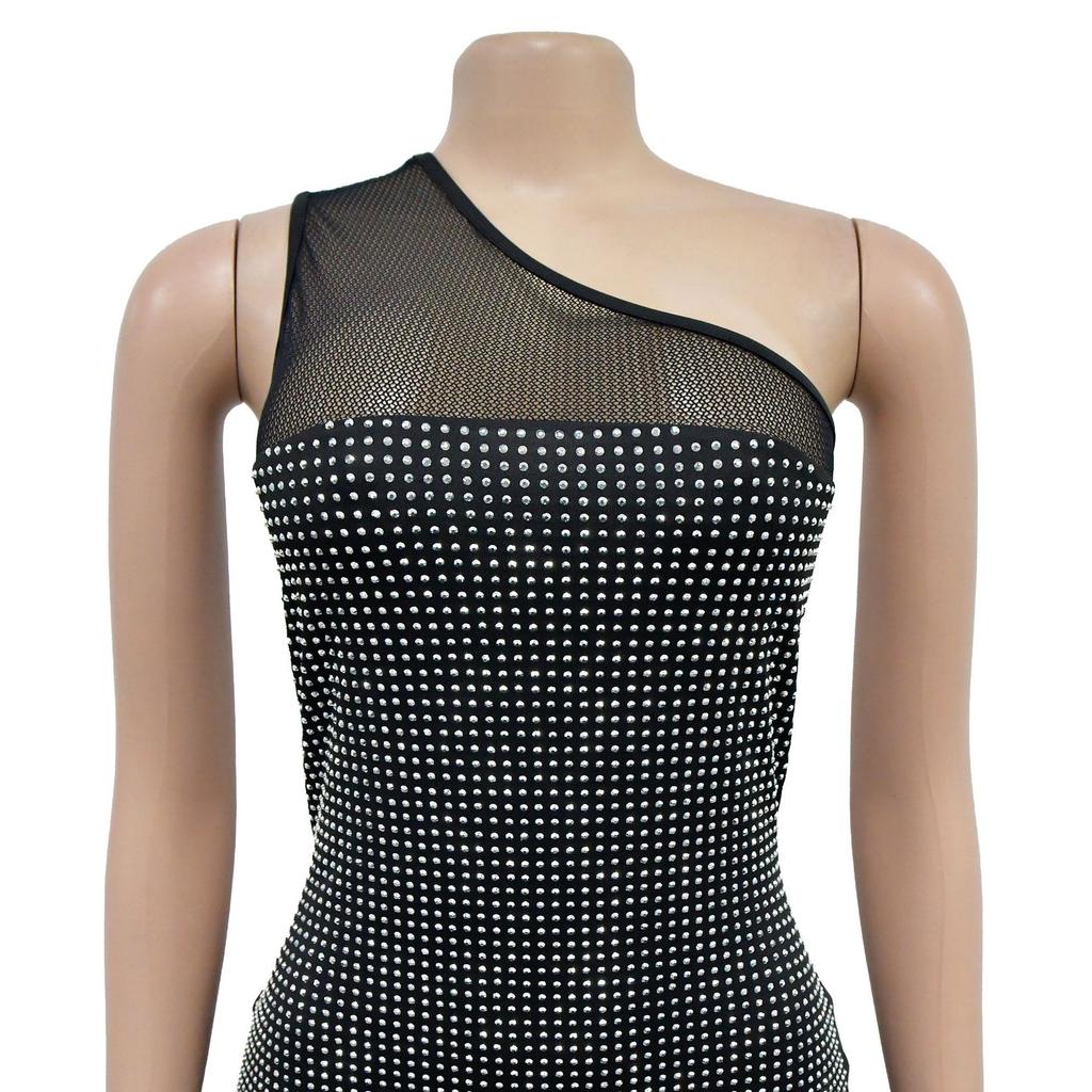 Mode Damen Kleid Eine Schulter Mesh Diamant Feder Bandage Kleider