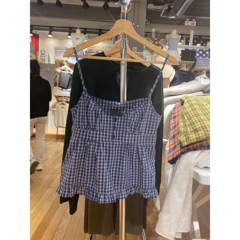 

BM Three-Button Gingham Casual V-neck Tops Sling Dark blue Gingham One size
