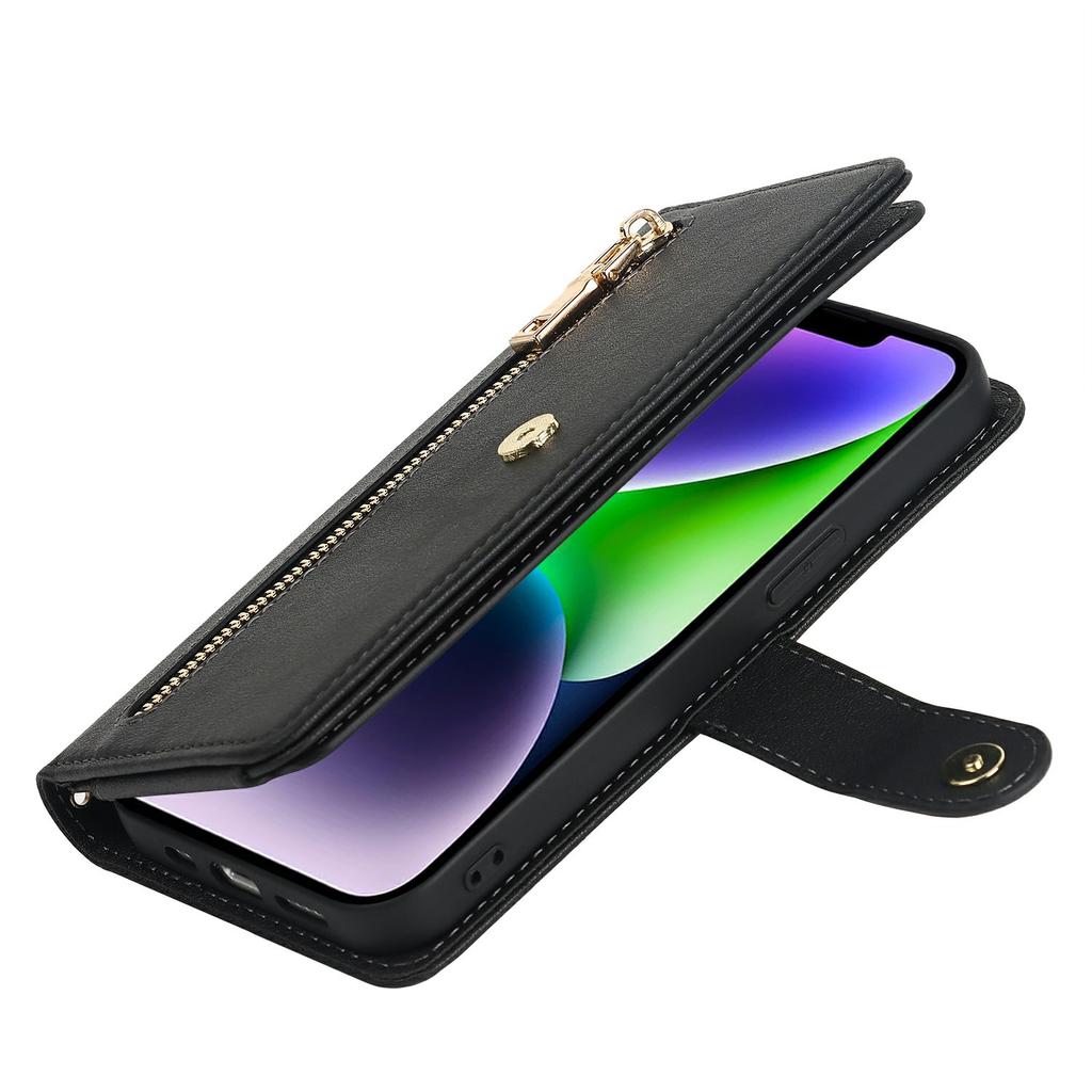 For iPhone 15 Stand Case PU Leather Phone Cover with Straps/Zipper Wallet/Multiple Card Slots