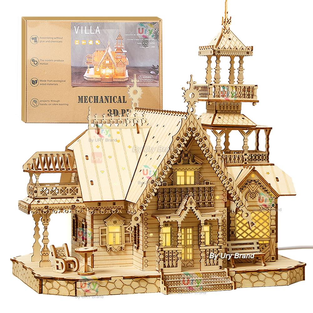 1PC 3D Wooden Puzzle Villa House Royal Castle with Light Assembly Toy Kid Adult DIY Model Kits Desk Decoration for Gift