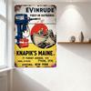 Vintage Evinrude Outboard Motors Metal Tin Sign with 'FIRST-IN OUTBOARDS' Text, Soldiers & Gas Container Illustration - Knapik's