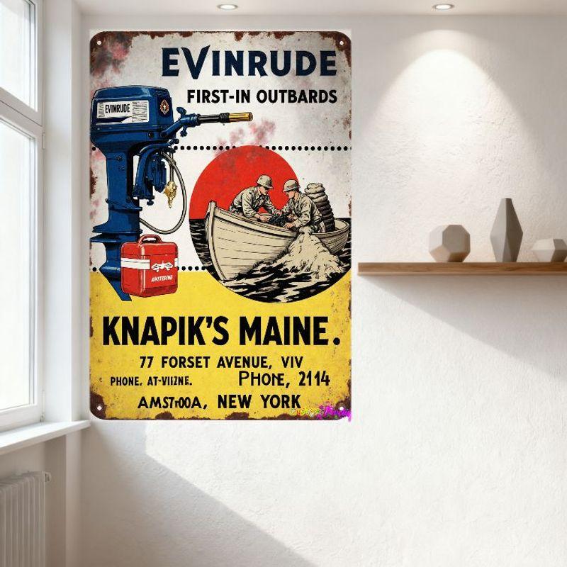 Vintage Evinrude Outboard Motors Metal Tin Sign with 'FIRST-IN OUTBOARDS' Text, Soldiers & Gas Container Illustration - Knapik's