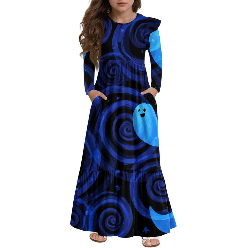 Girls' Tiered Ruffle Dress Halloween Day - Long Sleeve Printed Maxi With Pockets
