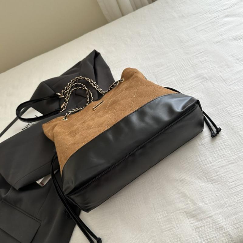 Trendy Suede Diamond Pattern Vintage Chain Bucket Bag Contrast Color Shoulder Bag Handbag