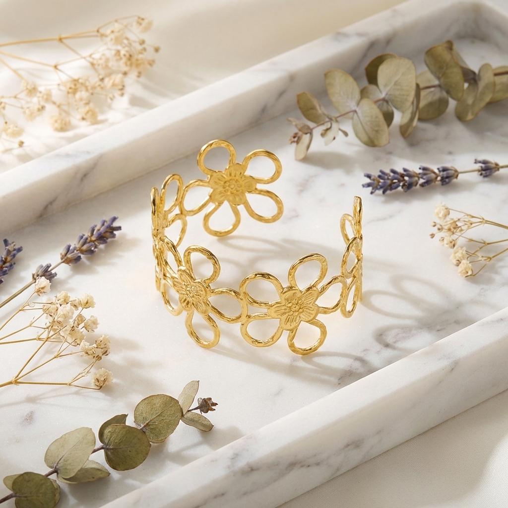 Sweet Hollow Flower Stainless Steel Cuff Bracelet for Women Oversized Gold Color Foral Open Bangle Party Chunky Jewelry Gift