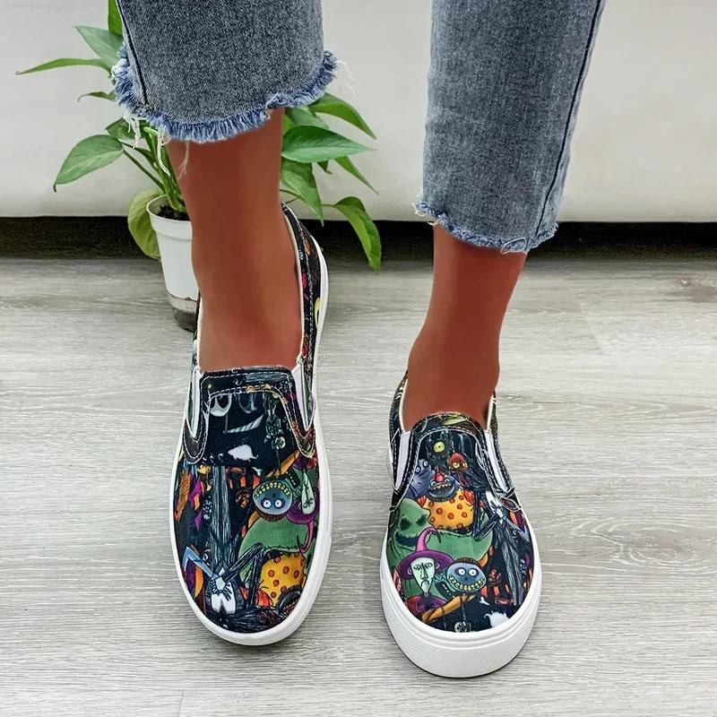 Fashion Women's Flat Shoes Graffiti Casual Sneakers Low Cut Slip-on Ladies Canvas Shoe Female Designer Loafers Plus Size Round Toe 2025