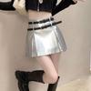 Women's Shiny Metallic Pleated Mini Skirt with Double  Buckle High Waist A-Line Short Skirt for Party Club Streetwear