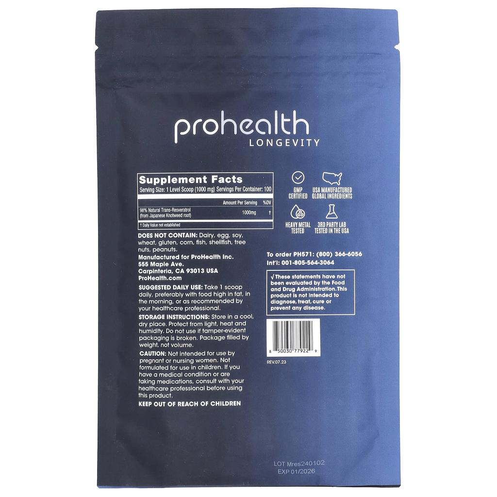 ProHealth Longevity, Trans-Resveratrol, Pure Micronized Powder, 100 g