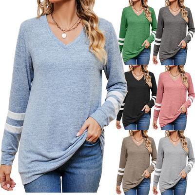 2024 European And American Autumn And Winter New Item Solid Color V-Neck Contrasting Splicing Loose Long Sleeved T-Shirt Top For Women