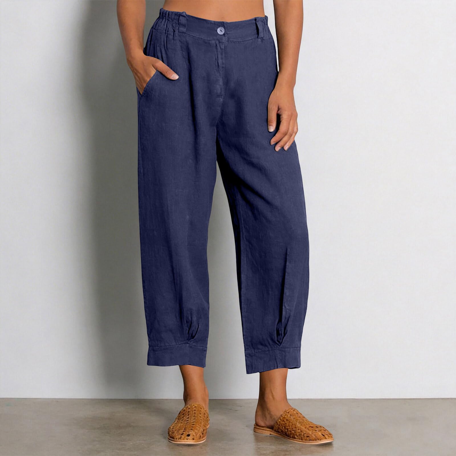 

Women s Casual Cotton Linen Button Front Pants with Pockets Elastic Waistband and Ankle Cuffs Relaxed Fit Cropped Trousers XXL