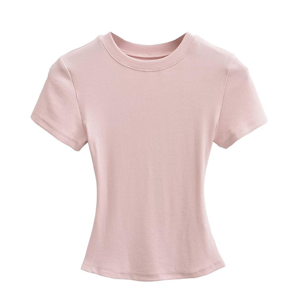 Trendy Women's Ribbed Slim Fit Short Sleeve T-Shirt with Sexy Round Neck and Straight Shoulders.