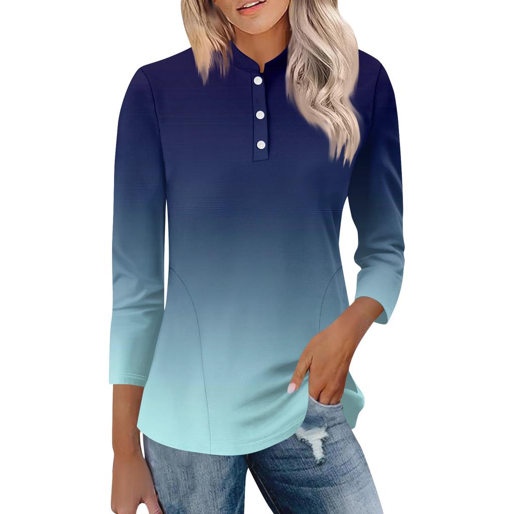 Womens Casual Loose Fit Polo Collar Top with Three Quarter Sleeves Gradient Print Pullover Henley Blouse Shirt