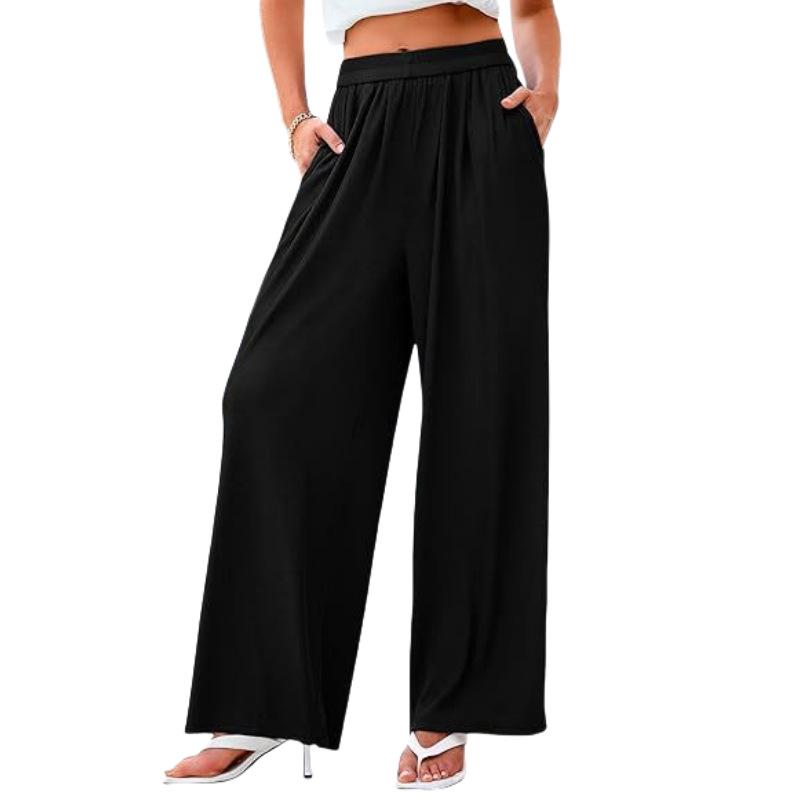Women S Ribbed Wide Leg Pants With Pockets Elastic Waist Casual XS чёрный