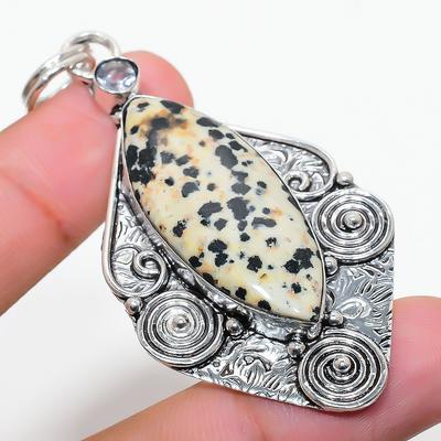 Natural Dalmation Jasper, White Topaz 925 Sterling Silver Pendant 2.76" n1D34