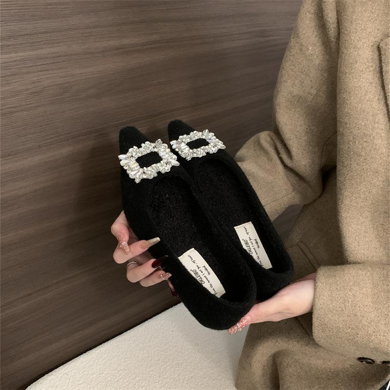 French Small Fragrant Woolen Single Shoes Women's 2025 New Rhinestone Square Buckle Flats Evening Shoes Fleece Low Heels