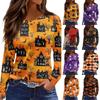 Women's Long Sleeve Halloween Print Top Round Neck Casual Pullover Shirt with Split Hem Lightweight Fabric for Seasonal Wear
