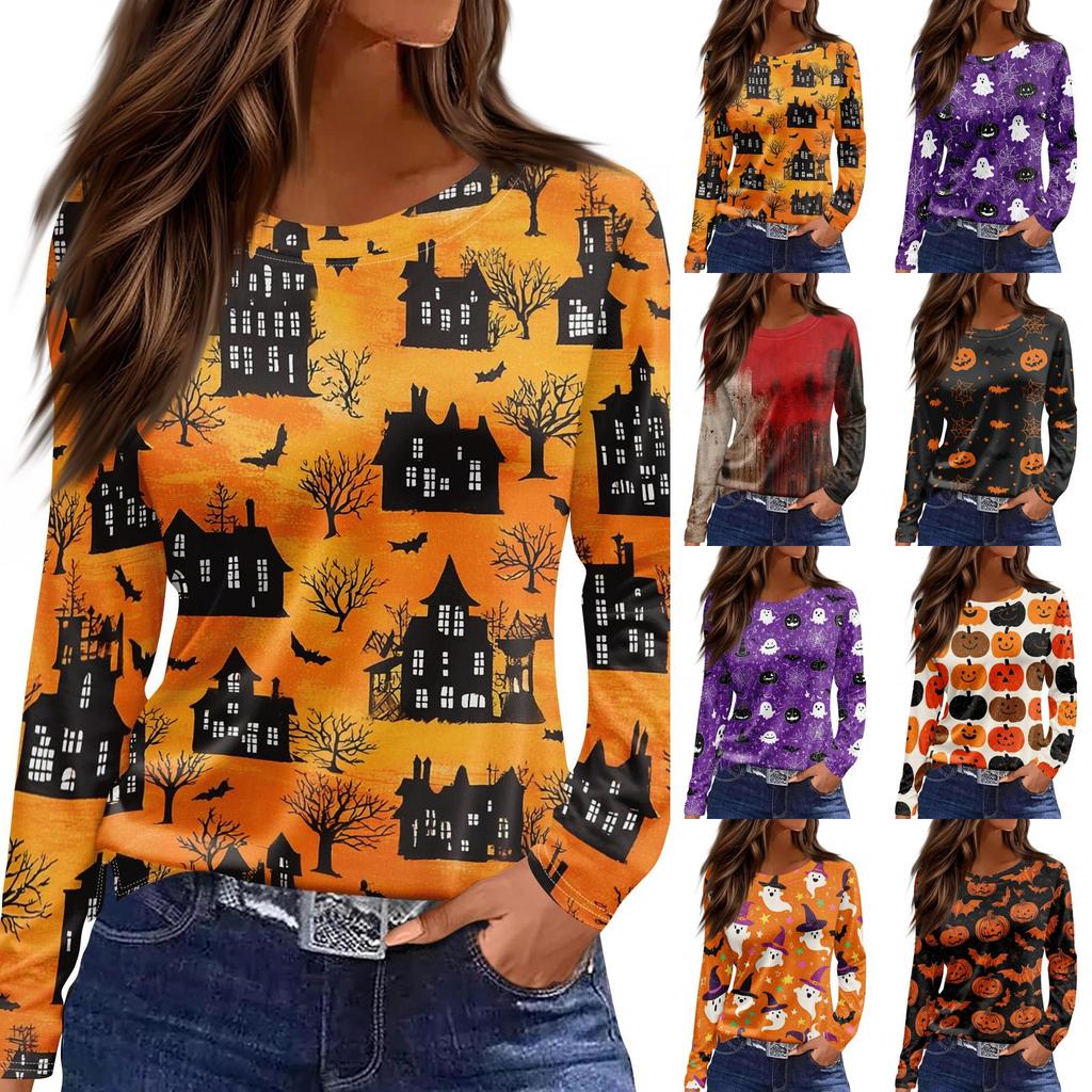 Women's Long Sleeve Halloween Print Top Round Neck Casual Pullover Shirt with Split Hem Lightweight Fabric for Seasonal Wear