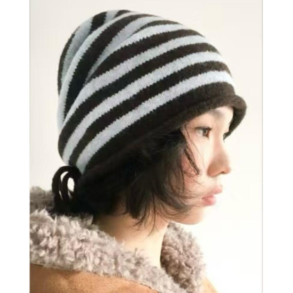 Japanese simple striped wool hat women's autumn and winter warm ear protection stacking hat drawstring cold hat pullover hat men's versatile new