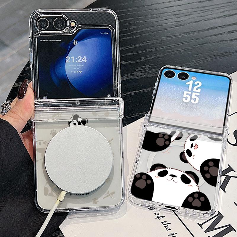 Cute Panda Print Case For Samsung Z Flip 8 7 FE 6 5 Magnetic Clear Hard PC Folding Phone Cover For Galaxy Z Flip8 Flip7 Flip6