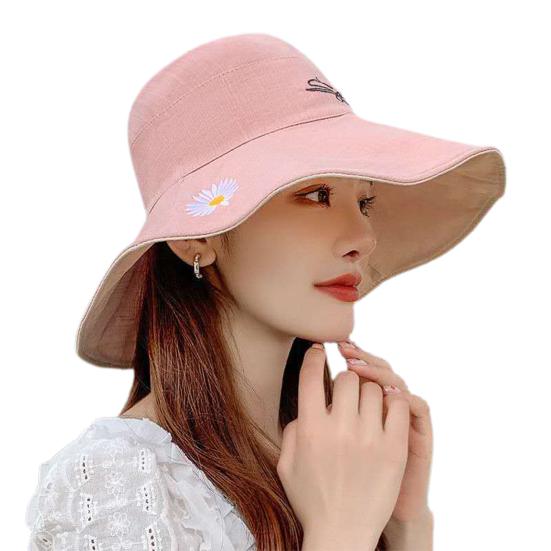 Women Summer Reversible Marguerite Embroidery Sun Protection Hat Fisherman Cap