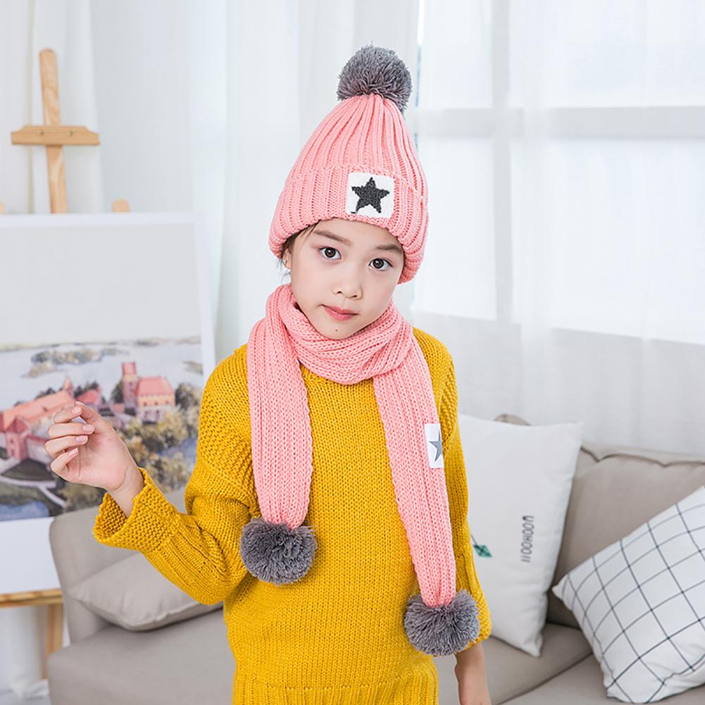 2Pcs/set Kid Knitting Hat Beanie + Long Scarf Thicken Velvet Cute Star Winter Warm Set
