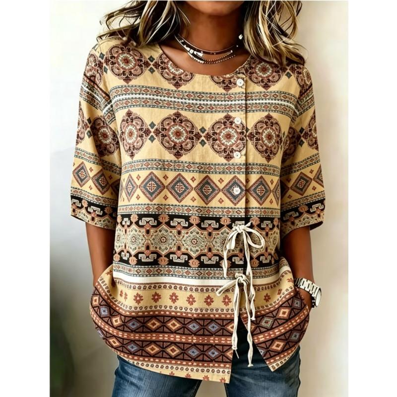 Women's Spring Summer Drawstring Blouse, Boho Aztec Geometric Print Casual Tops for Daily Street Holiday Dating & Leisure Outfit