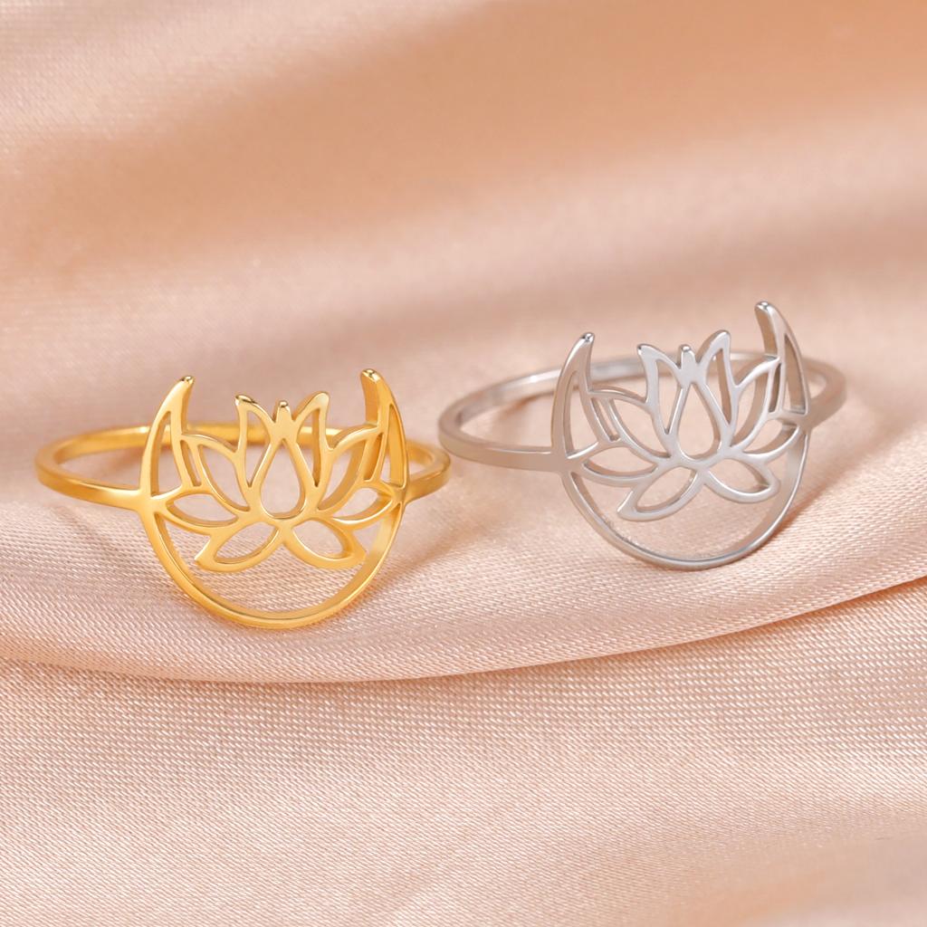 LIKGREAT Elegant Lotus Ring for Women Stainless Steel Amulet Vintage Wedding Finger Rings Jewelry Valentine's Day Gift Wholesale