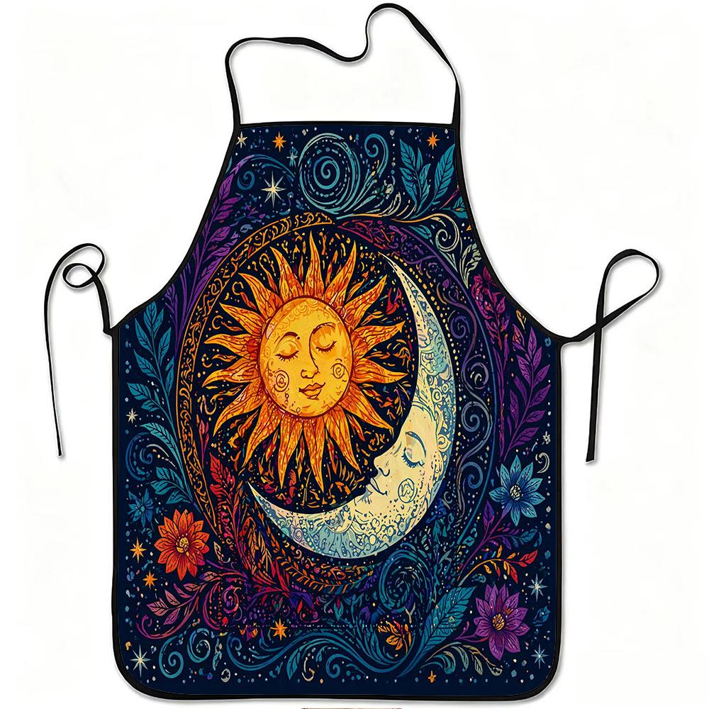 1pc Sun and Moon Floral Art Print Apron, Durable and Easy to Clean, Adjustable Waistband, Polyester Material, for Kitchen Cooking, Gardening, Orchard