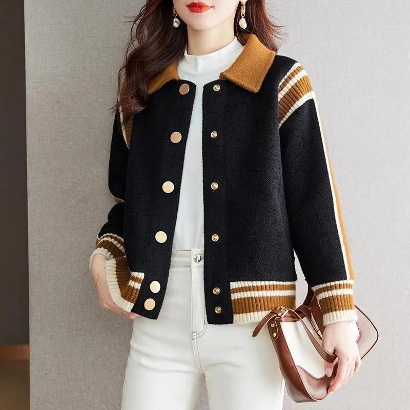 

Женская осенне-зимняя куртка с лацканами, контрастного цвета, с длинным рукавом на пуговицах, модный повседневный топ M чёрный