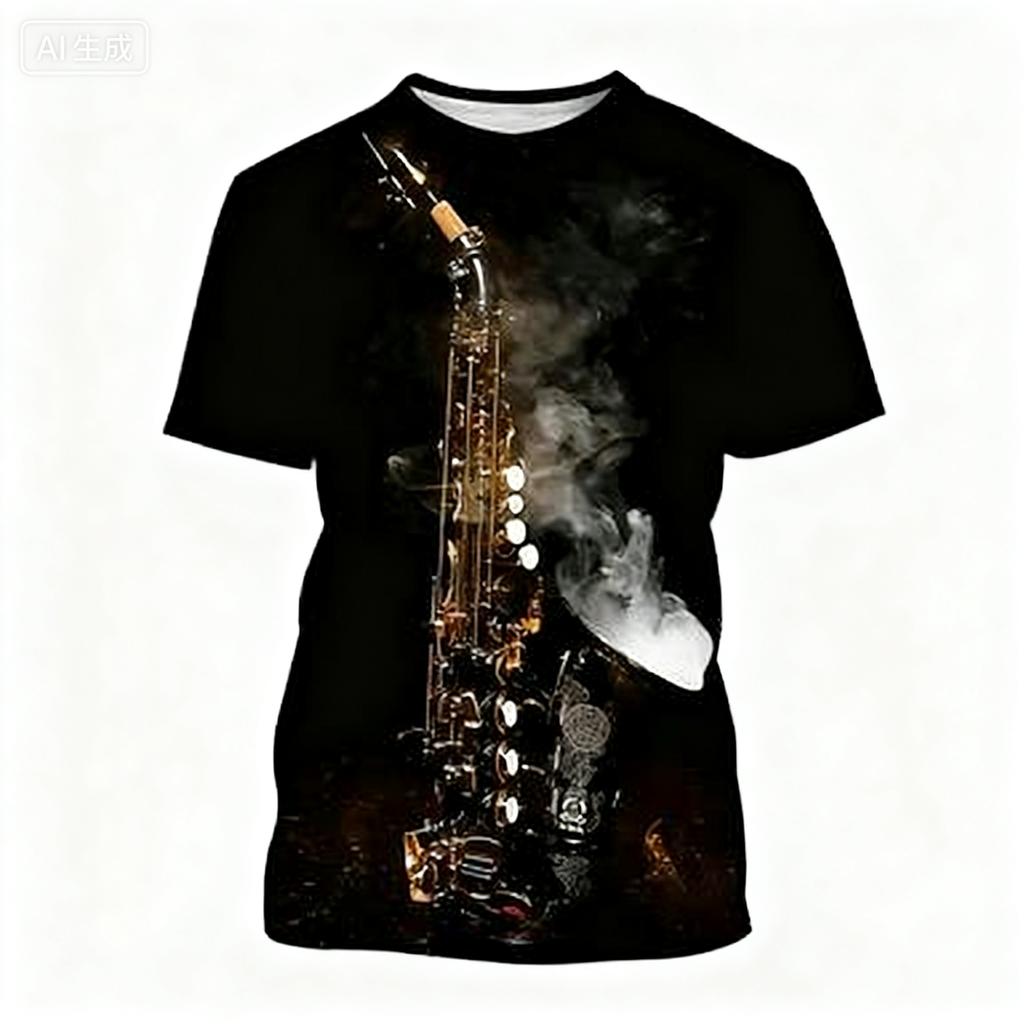 Summer Round Neck 3D Saxophone Pattern Print Top Fashionable Casual Short Sleeved Men's T-shirts