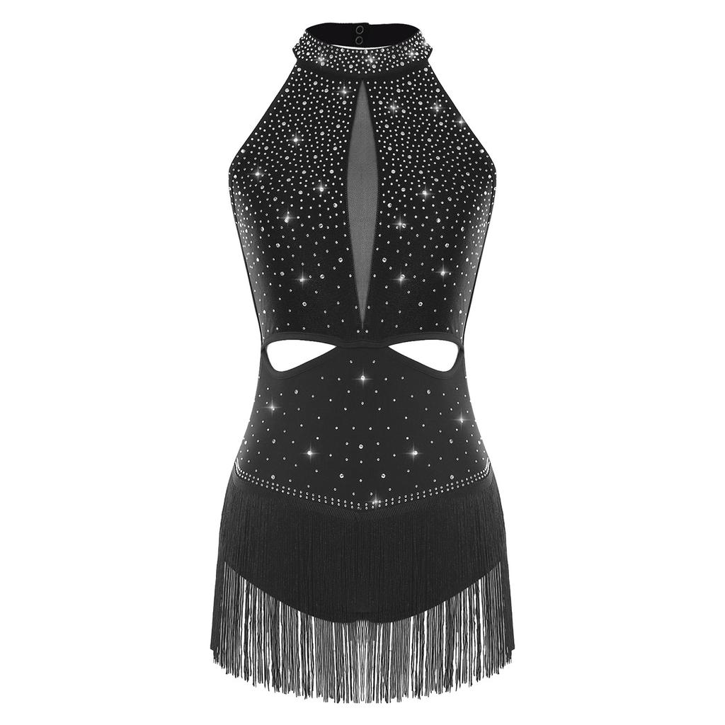 Dámský latinsko-jazzový taneční dres po celém povrchu s kamínky, třásňovou sukní, bez zad, kontrastní barvy, body