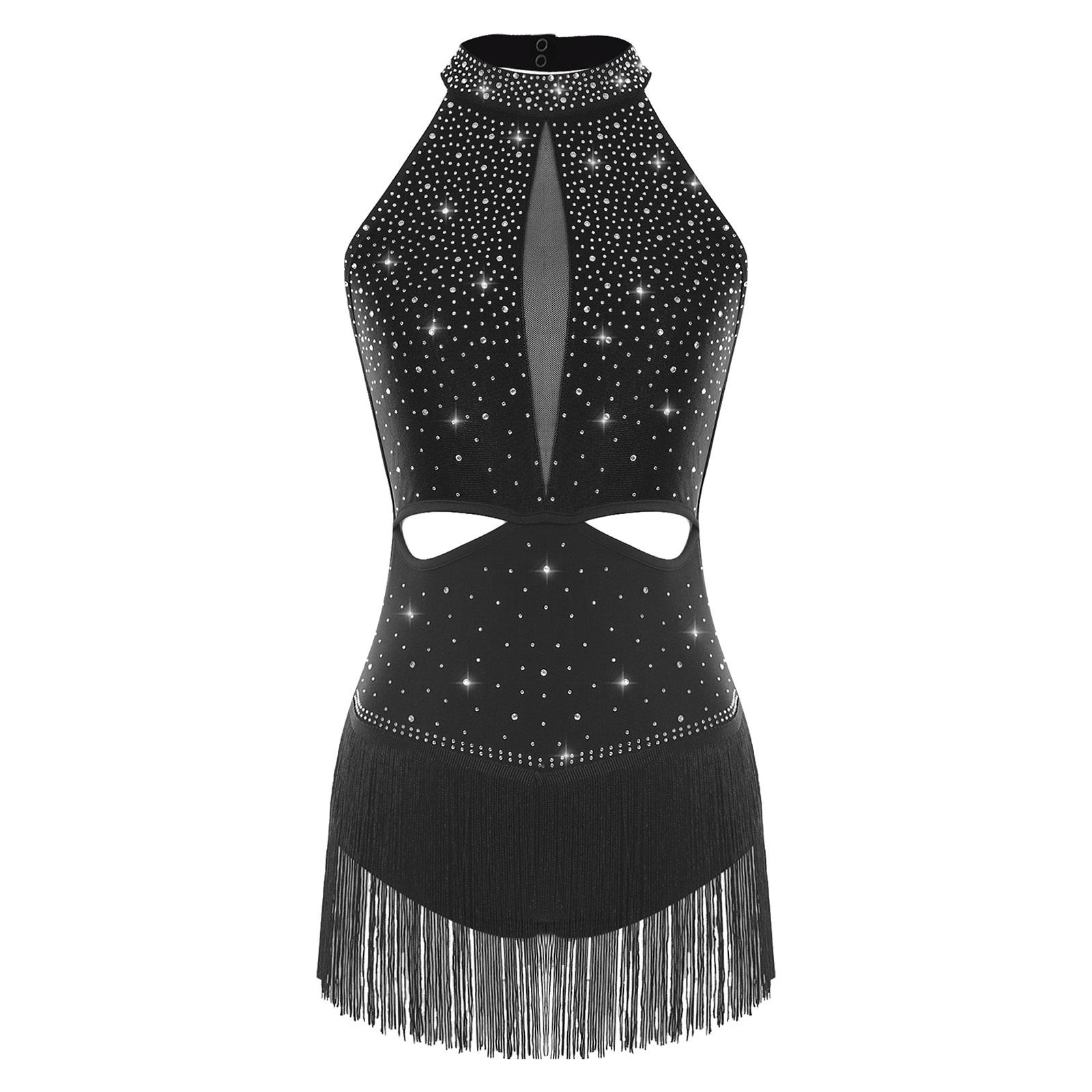 

Жіночий латиноамериканський джазовий танцювальний купальник, повністю прикрашений стразами, спідниця з бахромою, відкрита спина, контрастний боді S чорний